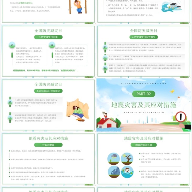 绿色卡通防范灾害风险防震减灾宣传PPT模板 绿色卡通防范灾害风险防震减灾宣传PPT模板