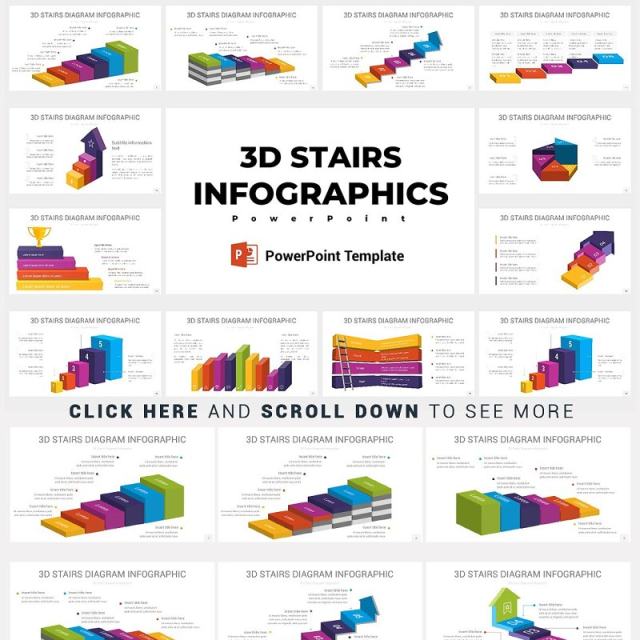 3D立体楼梯阶梯增长PPT信息图表20种配色全套矢量