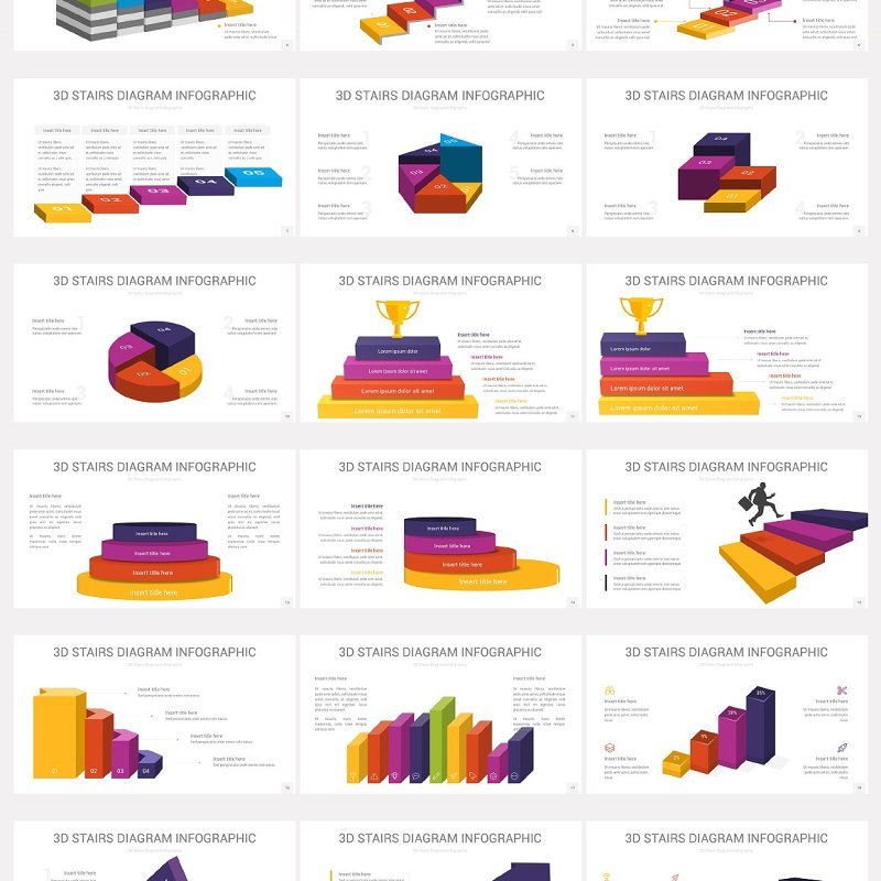 3D立体楼梯阶梯增长PPT信息图表20种配色全套矢量