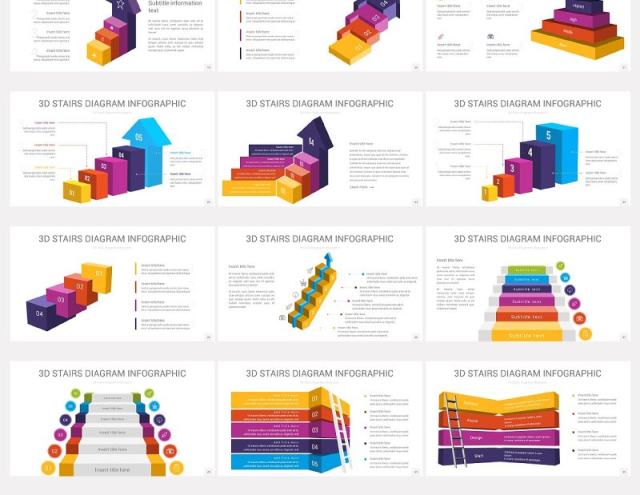 3D立体楼梯阶梯增长PPT信息图表20种配色全套矢量
