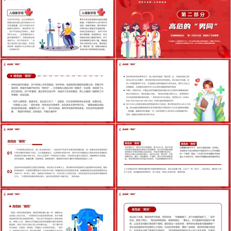 红色卡通风以爱之名反对歧视世界艾滋病日PPT模板