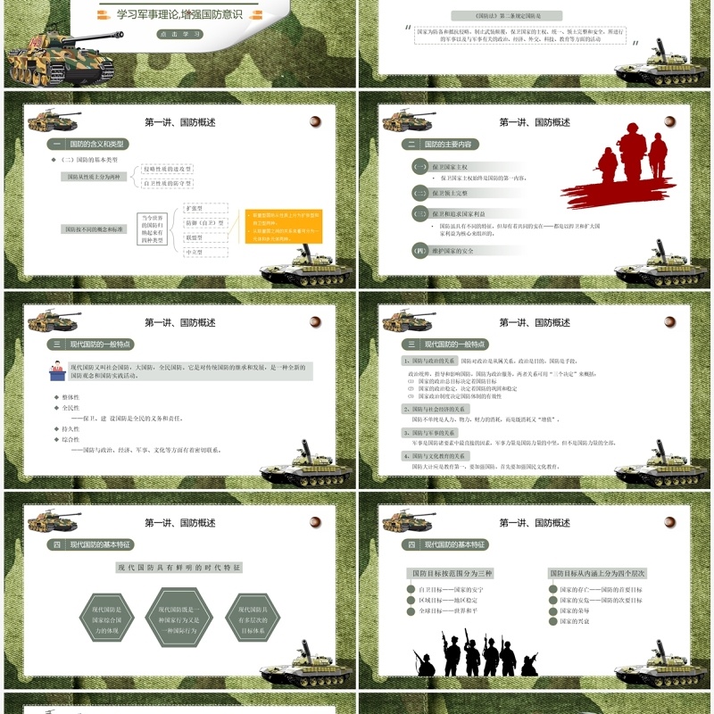绿色迷彩大学生军事理论教育培训PPT模板