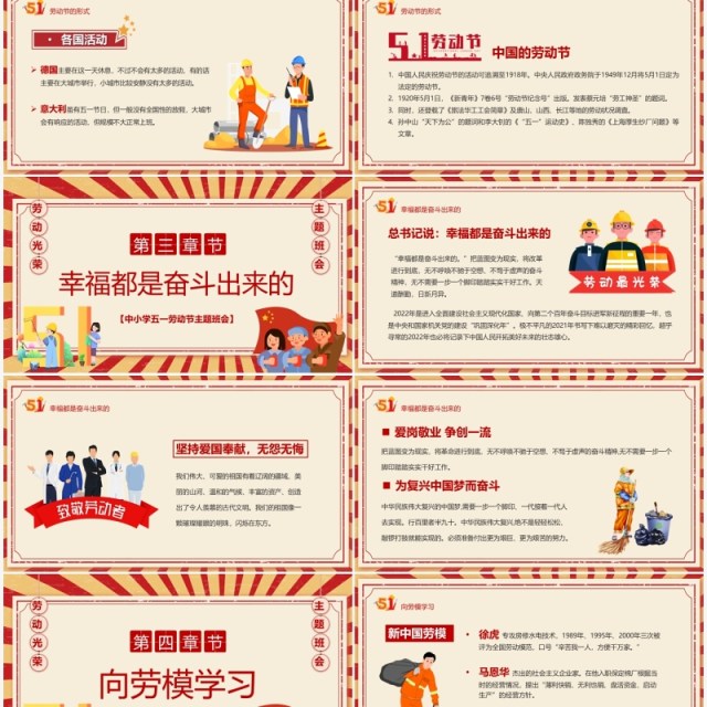 红色复古卡通风五一劳动节主题班会PPT模板 红色复古卡通风五一劳动节主题班会PPT模板