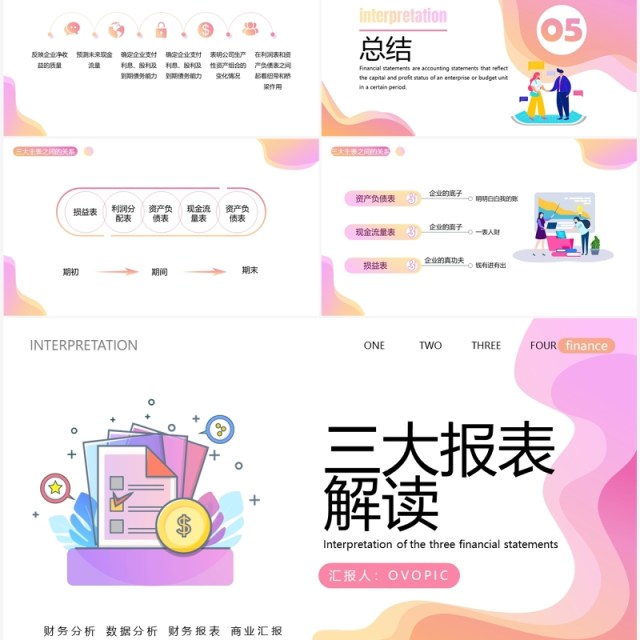 粉色渐变扁平风财务三大报表解读PPT模板