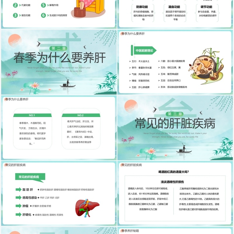绿色中国风春季养肝主题教育PPT模板