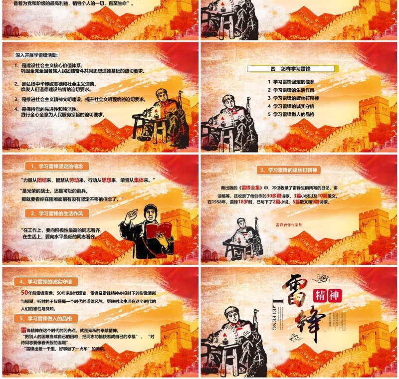复古红色学习雷锋精神主题学习PPT模板