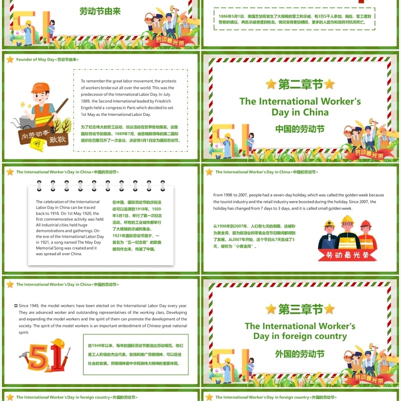 绿色创意卡通五一劳动节英文介绍PPT模板