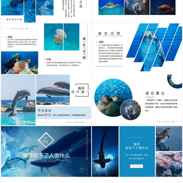 蓝色简约风世界海洋日介绍PPT模板 蓝色简约风世界海洋日介绍PPT模板