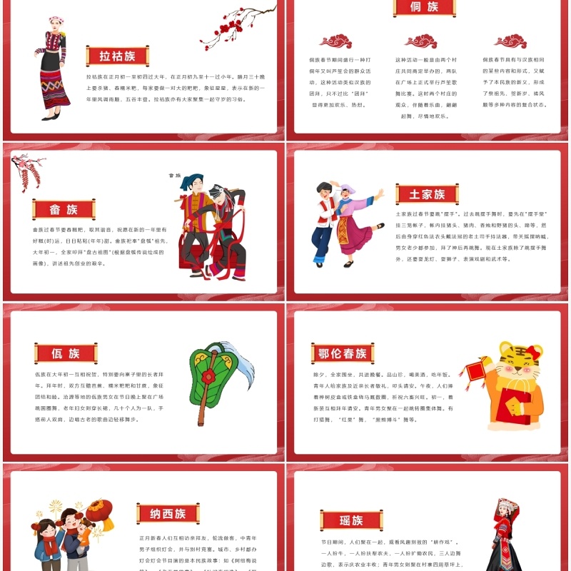 红色国潮风少数民族春节习俗介绍PPT模板
