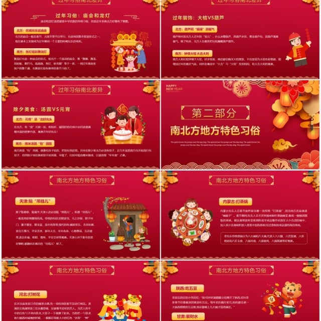 喜庆红色虎年南北方春节习俗PPT模板