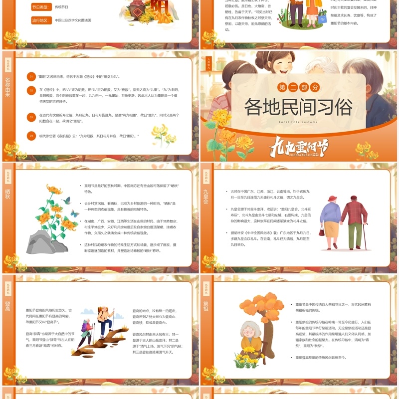 橙色卡通风九九重阳节介绍PPT模板