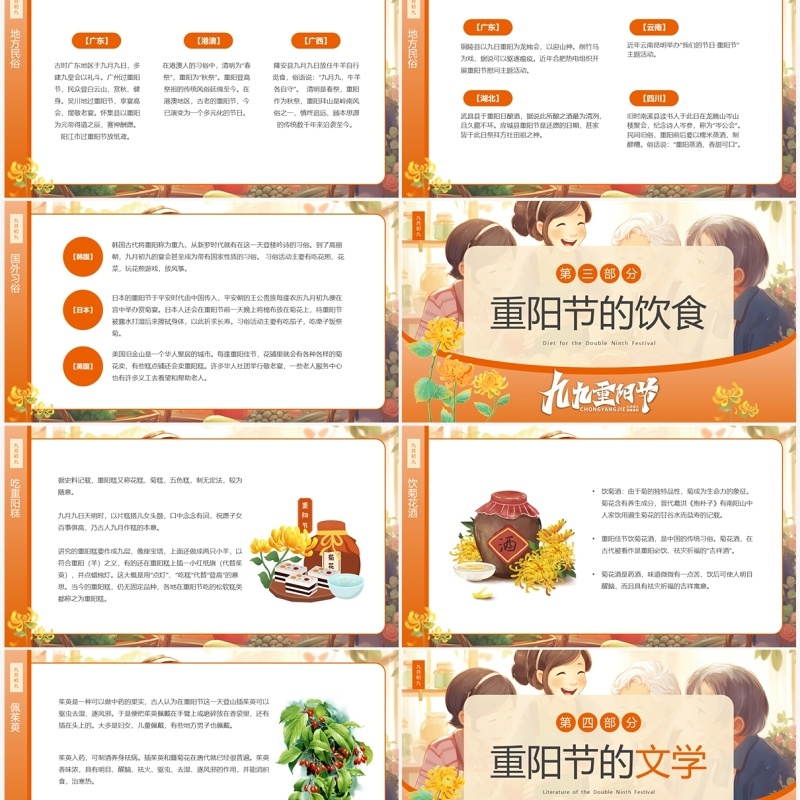 橙色卡通风九九重阳节介绍PPT模板