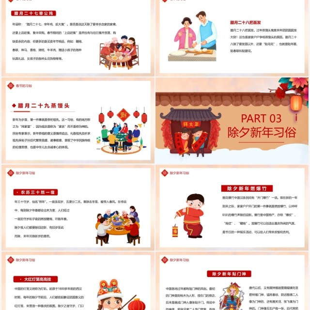 红色插画风春节的习俗宣传介绍PPT模板