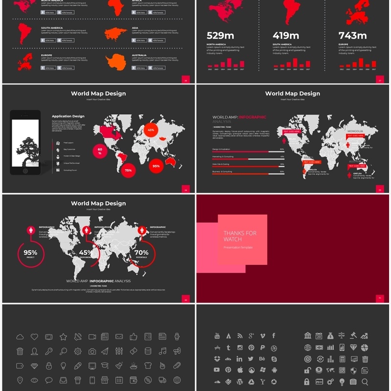 红灰色世界地图信息图表ppt素材模板