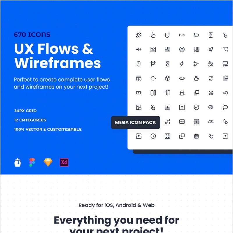 670个UX流和线框图标素描，FIGMA和Adobe XD，UX流和线框兆丰图标包 UX Flows &