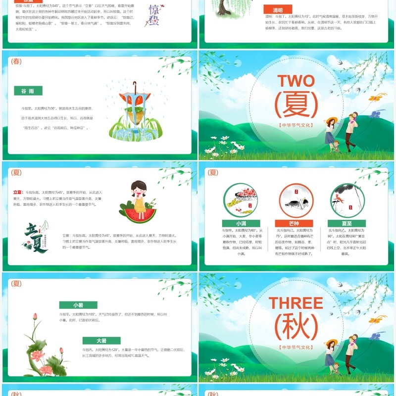 绿色卡通中华四季二十四节气知识介绍PPT模板