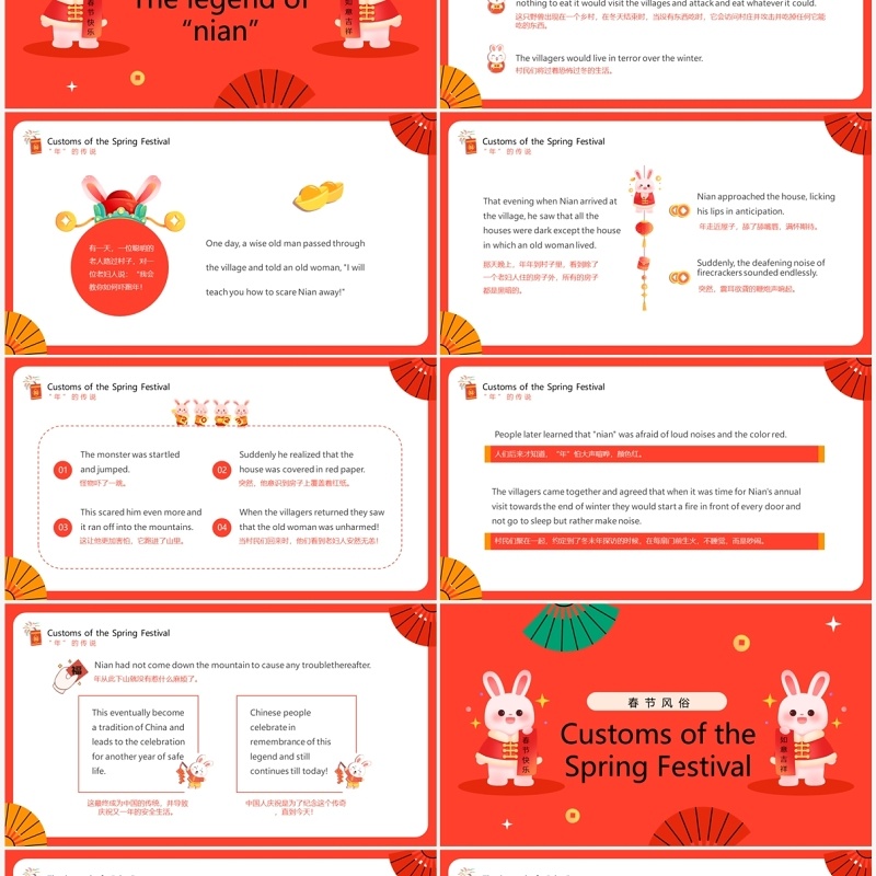 红色卡通风中国春节英文介绍PPT模板