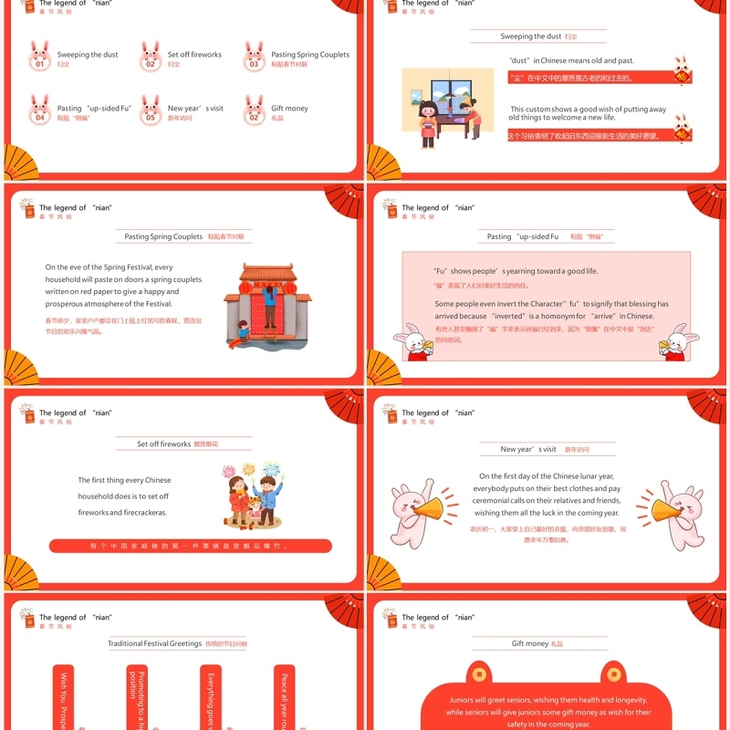 红色卡通风中国春节英文介绍PPT模板