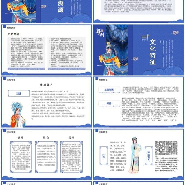 蓝色中国风非遗系列之粤剧介绍PPT模板