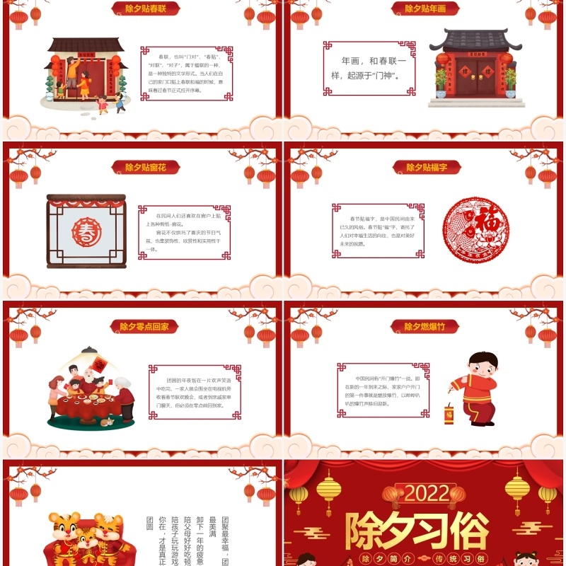红色中国风幼儿园春节除夕习俗介绍PPT模板