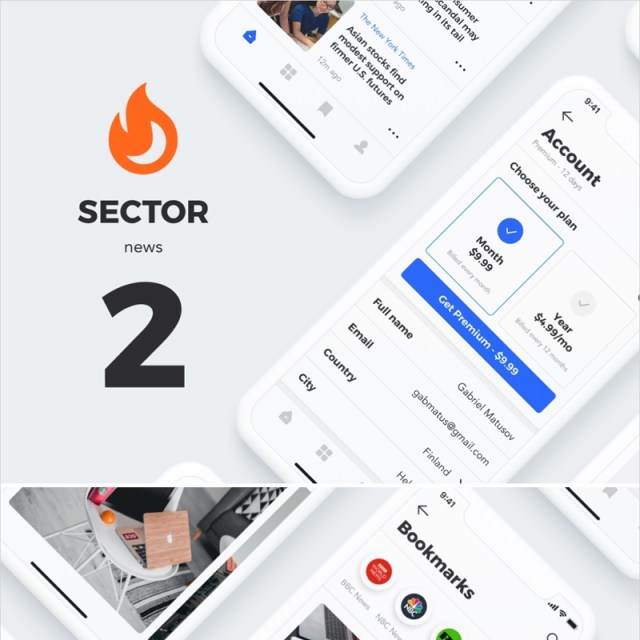 20个高品质新闻应用程序的移动模板，部门UI工具包新闻 Sector UI Kit. News