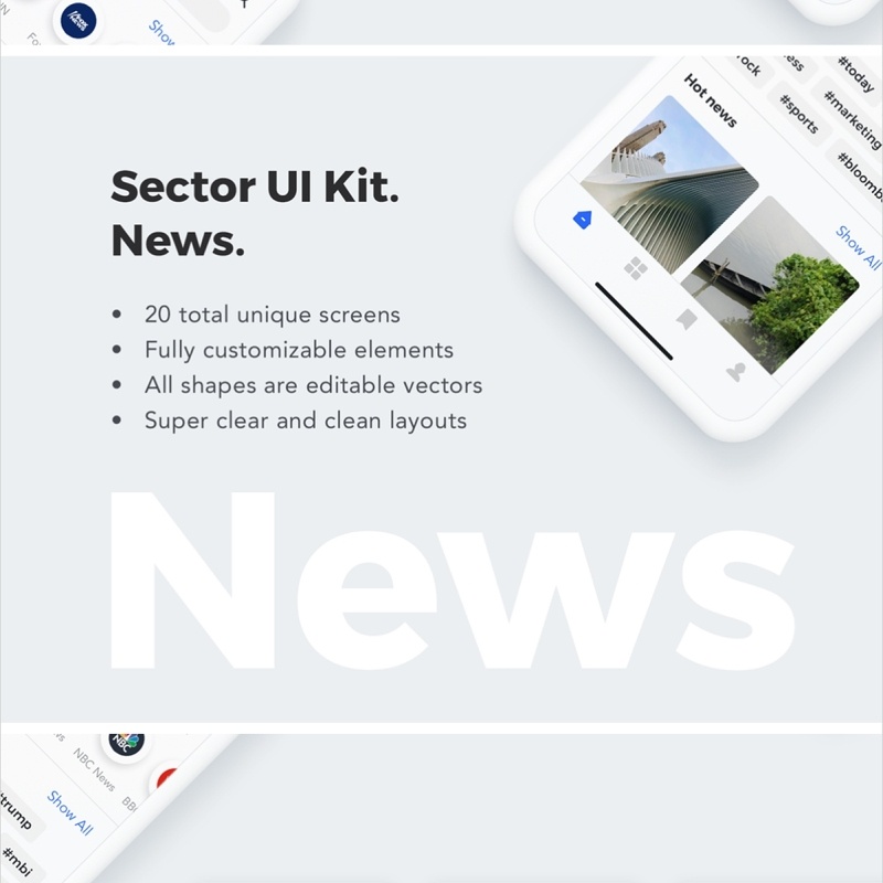 20个高品质新闻应用程序的移动模板，部门UI工具包新闻 Sector UI Kit. News