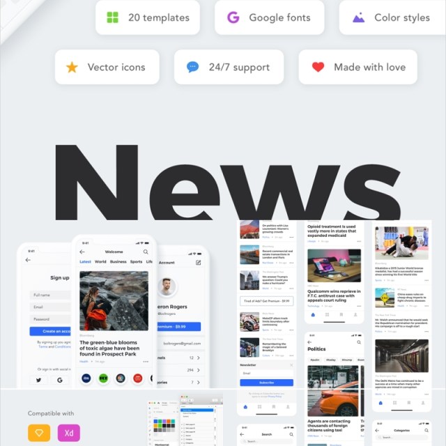 20个高品质新闻应用程序的移动模板,部门UI工具包新闻 Sector UI Kit. News 20个高品质新闻应用程序的移动模板,部门UI工具包新闻 Sector UI Kit. News