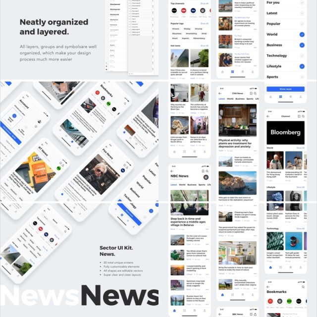20个高品质新闻应用程序的移动模板,部门UI工具包新闻 Sector UI Kit. News 20个高品质新闻应用程序的移动模板,部门UI工具包新闻 Sector UI Kit. News