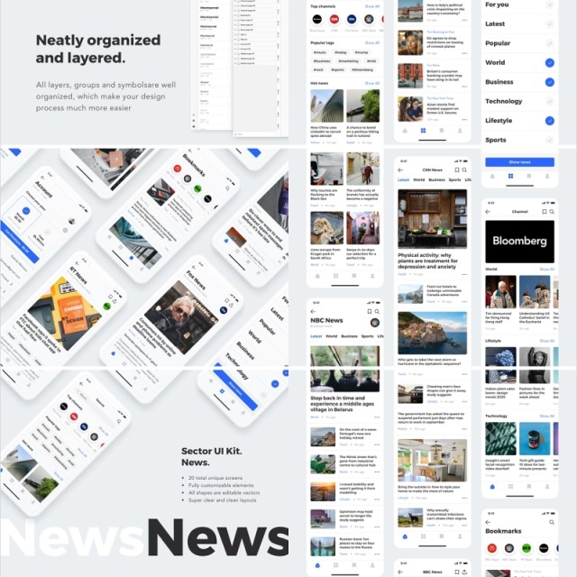 20个高品质新闻应用程序的移动模板，部门UI工具包新闻 Sector UI Kit. News
