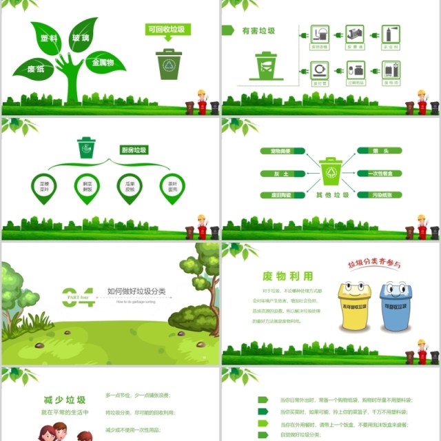 绿色卡通环保宣传垃圾分类PPT模板