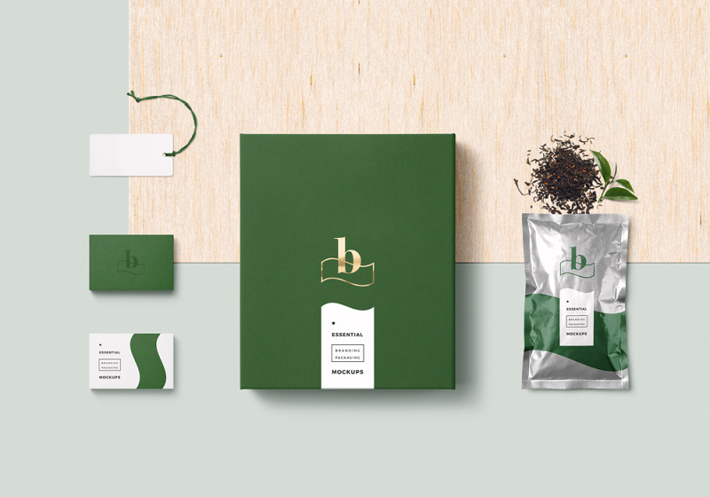 平面VI设计提案、包装盒、瓶子、纸袋智能贴图样机淡雅场景模板PSD素材2