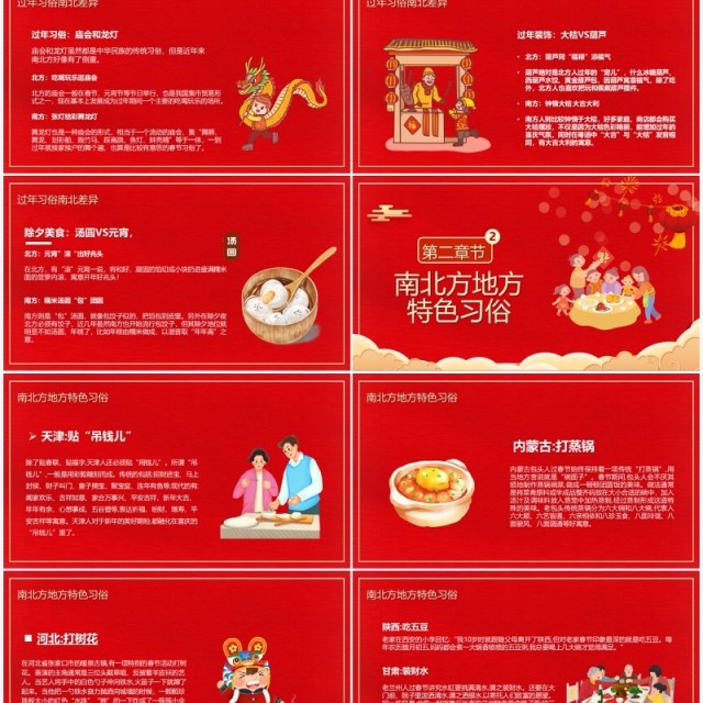 红色卡通南北地方春节习俗介绍PPT模板
