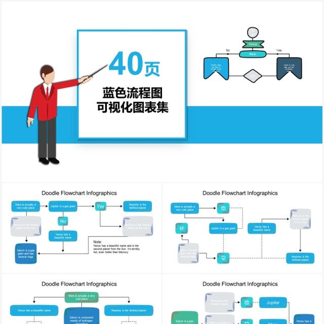 40页蓝色流程图可视化图表PPT模板