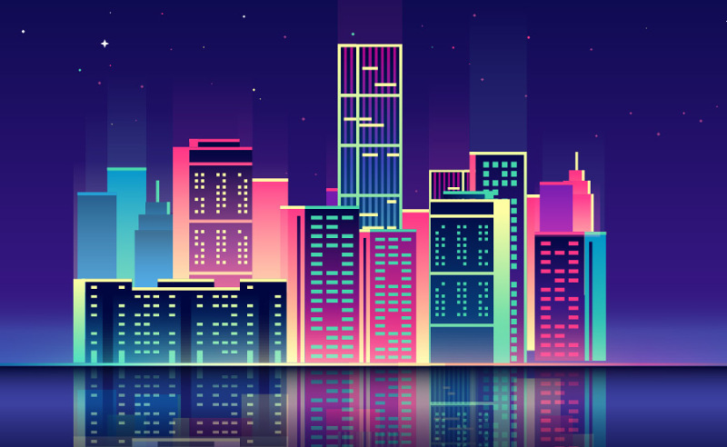 高楼建筑彩色灯光剪影AI背景素材