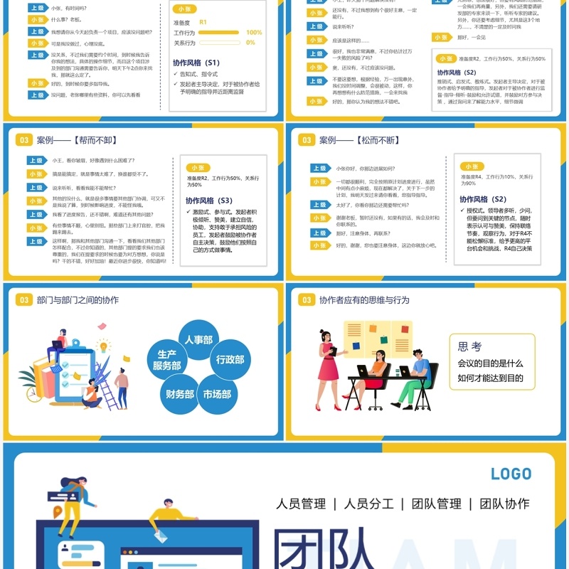 蓝黄撞色扁平风团队分工与协作PPT模板