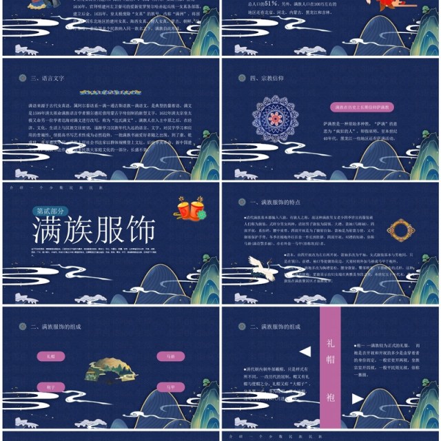 蓝粉古典风中国少数民族满族介绍PPT模板 蓝粉古典风中国少数民族满族介绍PPT模板