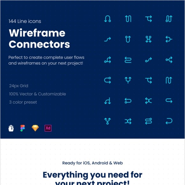 144个线框图标包 FIGMA和Adobe XD，Wireframe Connectors Icon Pack 144 Line icons