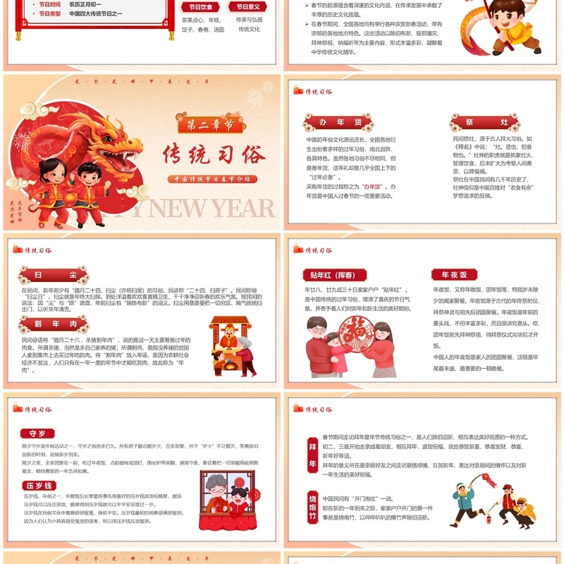 红色卡通风2024春节习俗介绍PPT模板