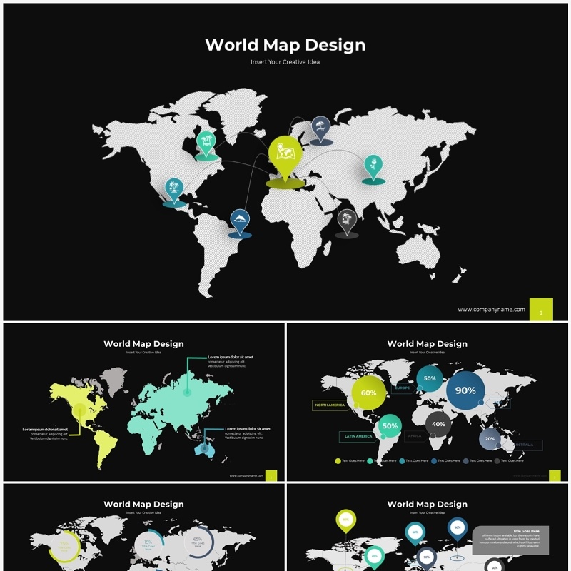 深色系世界地图信息图表ppt素材模板