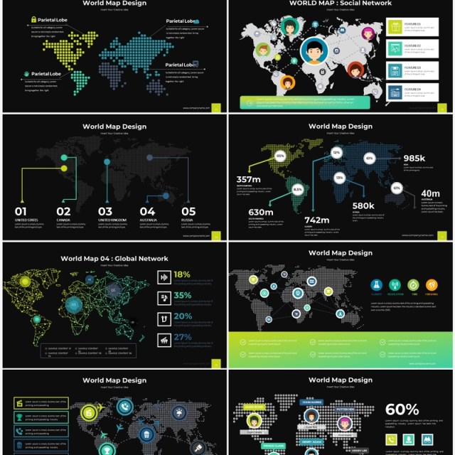 深色系世界地图信息图表ppt素材模板