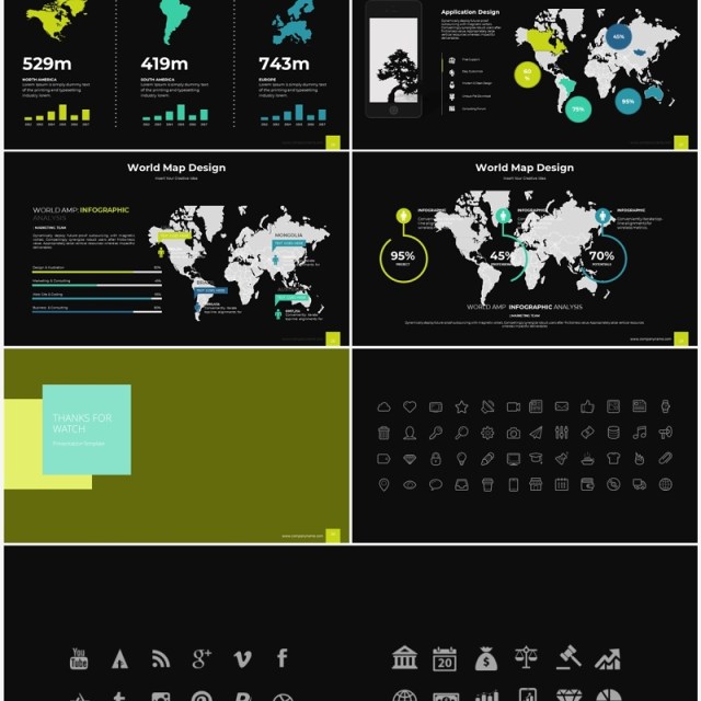 深色系世界地图信息图表ppt素材模板