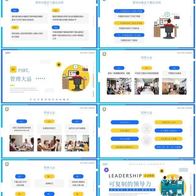 黄蓝简约风可复制的领导力企业培训PPT模板