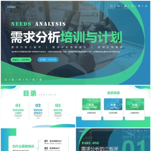 蓝绿色商务风需求分析培训与计划PPT模板 蓝绿色商务风需求分析培训与计划PPT模板