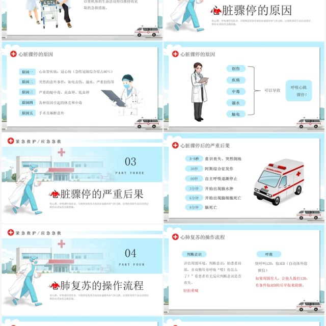 蓝色插画风单人徒手心肺复苏培训PPT模板 蓝色插画风单人徒手心肺复苏培训PPT模板