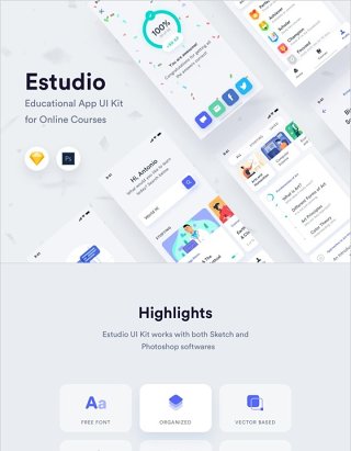 ESTUDIO在线课程教育移动应用UI套件，ESTUDIO移动应用UI套件 Estudio Mobile App UI Kit