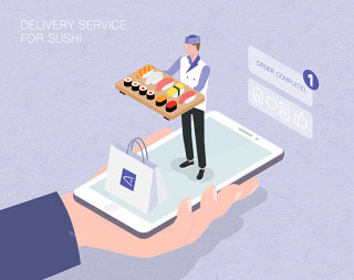 未来寿司送货服务生活场景扁平2.5D插画网页UI插图APP设计AI矢量设计素材