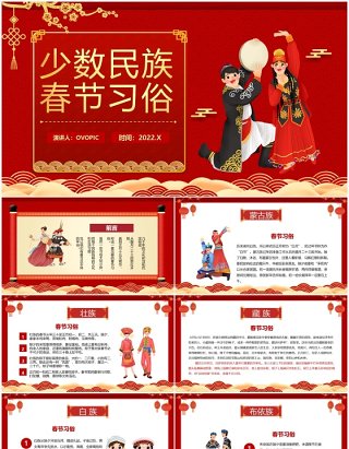 红色中国风少数民族春节习俗介绍PPT模板