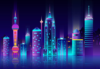 上海城市建筑高楼风景渐变剪影UI海报素材