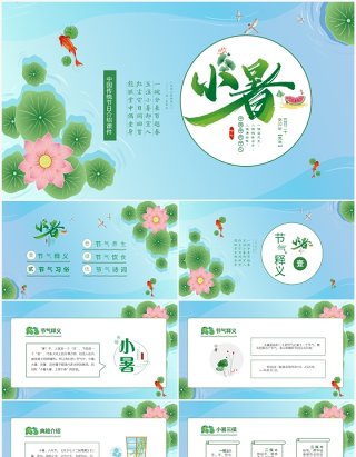 清新卡通荷叶中国传统节气之小暑节气介绍PPT模板