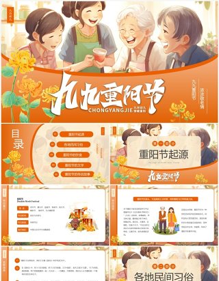 橙色卡通风九九重阳节介绍PPT模板